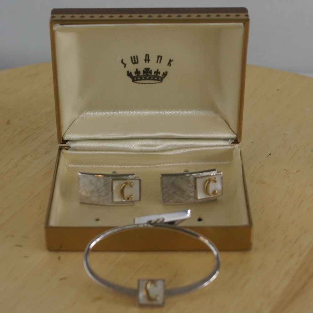 Vintage Swank Initial C Cufflinks and Tie Clip Set Mother of Pearl Silver Gold